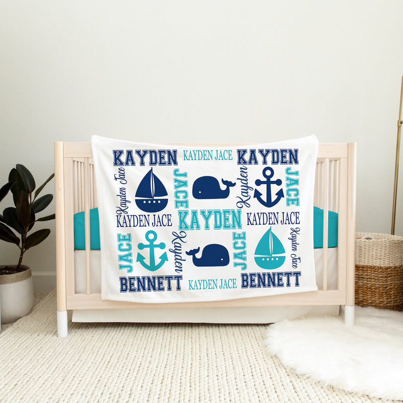 Whales Baby Name Blanket, Nautical  Anchor Boat Monogram  Navy Blue Teal Aqua Blanket Baby Bedding  Baby Boy Bedding Baby Shower B367