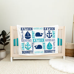 Whales Baby Name Blanket, Nautical  Anchor Boat Monogram  Navy Blue Teal Aqua Blanket Baby Bedding  Baby Boy Bedding Baby Shower B367
