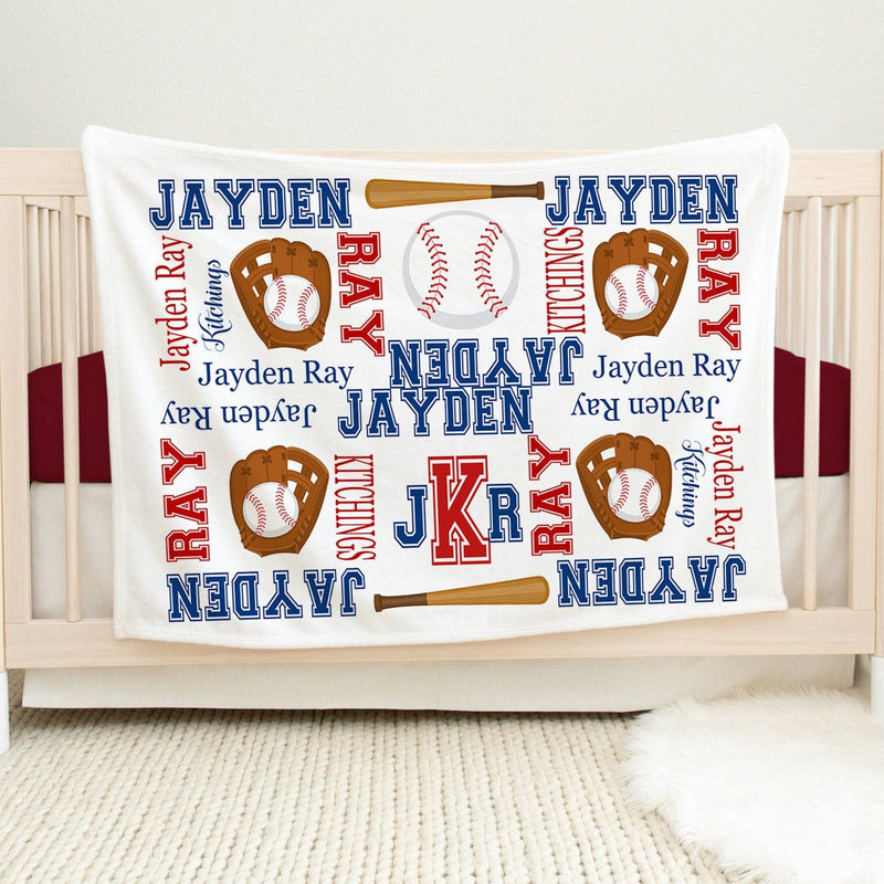 Baseball Baby Name Blanket, Personalized Navy Blue Red Baseball Monogram Boy Blanket Sports Blanket Baby Bedding Baby Shower Gift Sweet Blooms Design Co