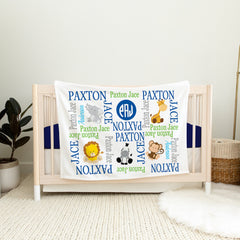 Personalized Safari Animals Baby Name Blanket Monogram Baby Blanket Elephant Lion Monkey Giraffe Blanket Baby Sjower Gift Navy Blue  B125