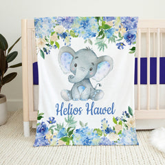 Elephants Baby Boy Blanket Watercolor Blue Floral Hydrangea Newborn Baby Name Blanket Monogram Flowers Baby Shower Gift Bedding B1001 Sweet Blooms Design Co