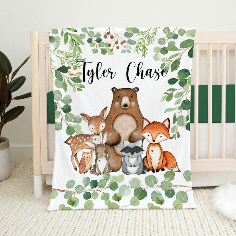 Woodland Animals Name Blanket Personalized Boy Eucalyptus Greenery Leaves Trees Bear Fox Raccoon Deer Bunny Owl Baby Shower Gift B1217 Sweet Blooms Design Co