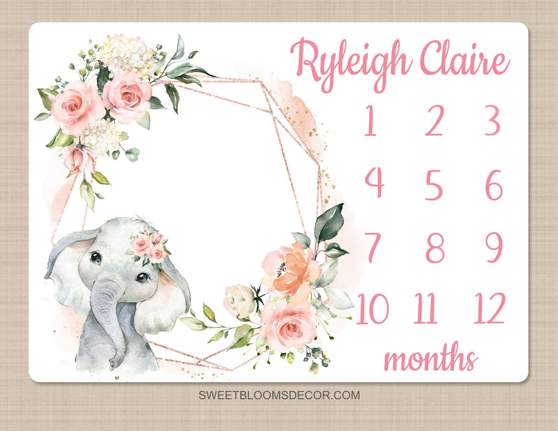 Elephant Floral Milestone Blanket, Personalized Monthly Growth Blanket Watercolor Blush Pink Flowers Roses Baby Shower Gift  B1411