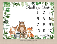 Woodland Milestone Blanket Personalized Rustic Forest Animals Greenery Leaves Bear Fox Deer Raccoon Growth Tracker Baby Shower Gift B1416