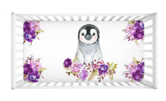 Penguin Baby Girl Crib Sheet Watercolor Purple Lavender Floral Newborn Toddler Flowers Shower Gift Nursery  C146