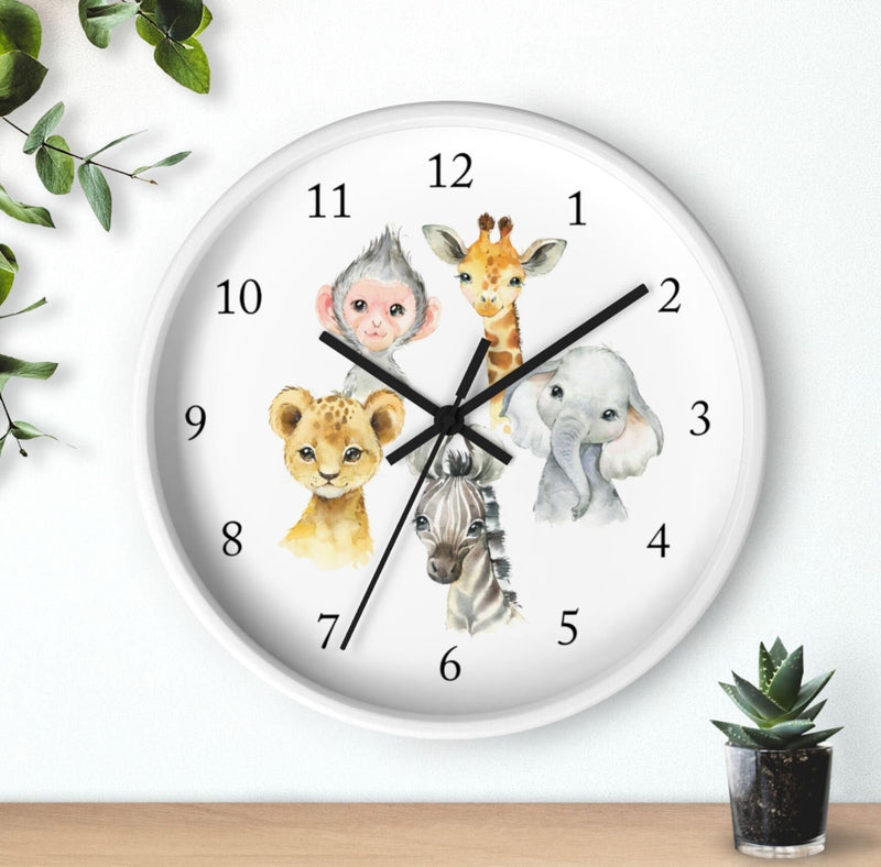 Safari Animals  Wall Clock, Jungle Nursery Wall Clock, Girl Boy Bedroom Decor, Zoo Animals Nursery Elephant Monkey Giraffe Zebra  Lion T 108