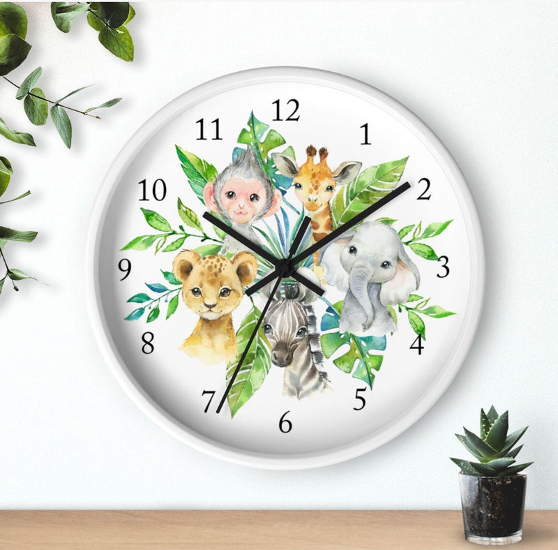 Safari Animals  Wall Clock, Watercolor  Nursery Wall Clock, Girl Boy Bedroom Decor, Zoo Animals Nursery Elephant Monkey Giraffe Zebra  Lion