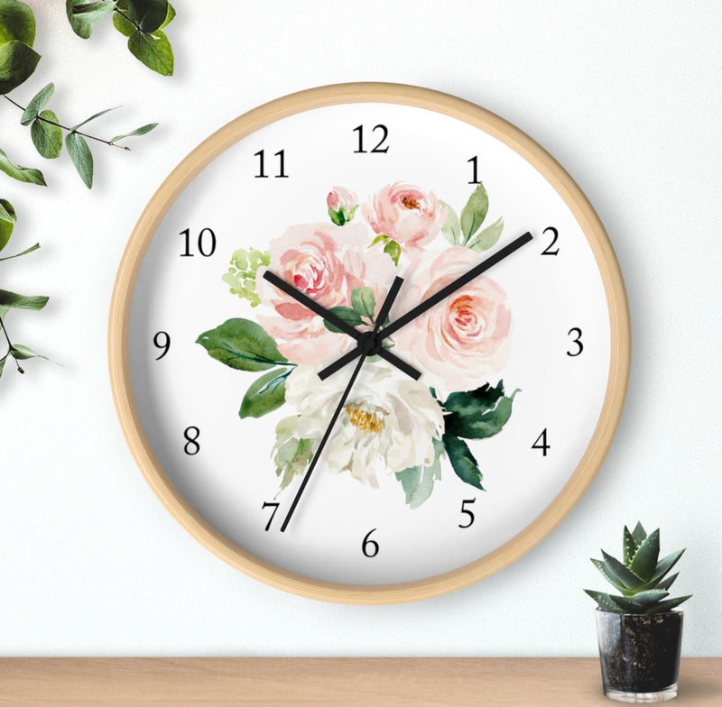 Floral Wall Clock, Blush Pink Coral Watercolor Flowers Nursery Wall Clock, Baby Girl Bedroom Decor T112