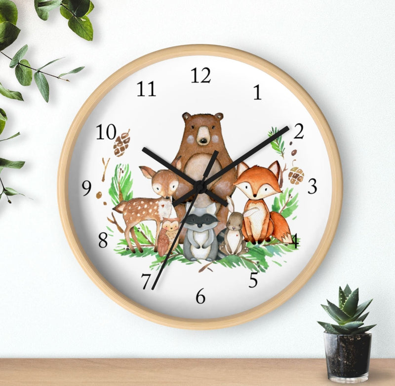 Woodland Animals Wall Clock, Watercolor  Nursery Wall Clock, Girl Bedroom Decor, Woodland Forest Animals Nursery Decor Fox Bear DeerT114