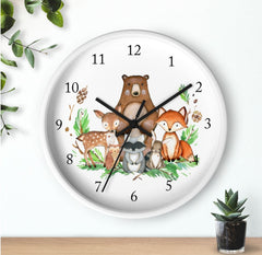 Woodland Animals Wall Clock, Watercolor  Nursery Wall Clock, Girl Bedroom Decor, Woodland Forest Animals Nursery Decor Fox Bear DeerT114