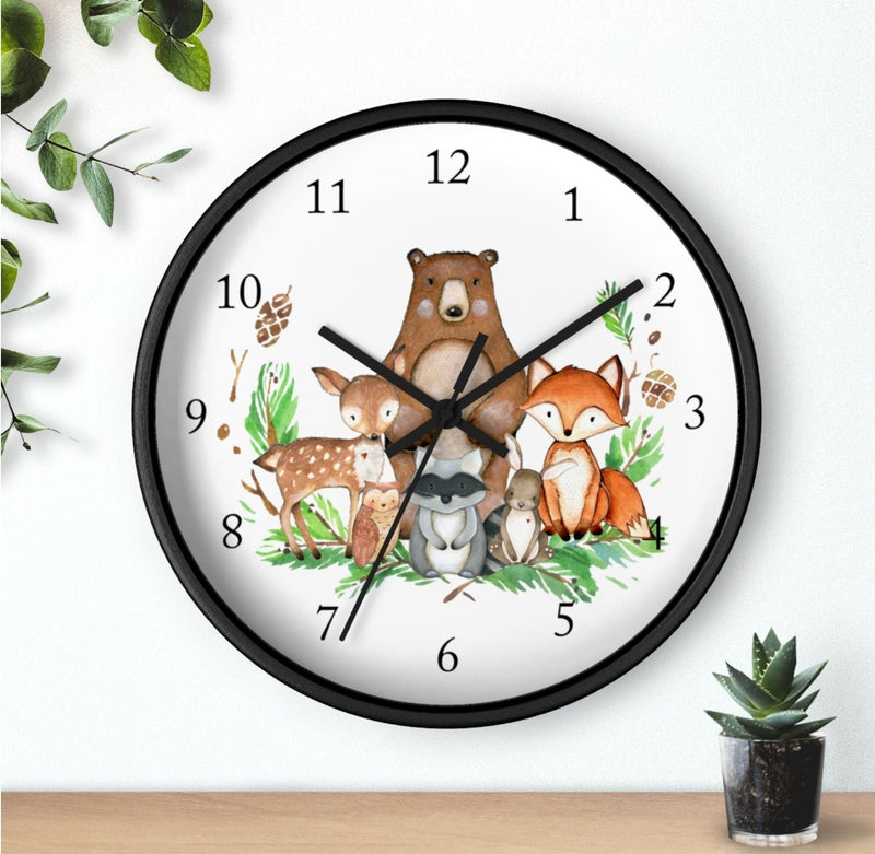 Woodland Animals Wall Clock, Watercolor  Nursery Wall Clock, Girl Bedroom Decor, Woodland Forest Animals Nursery Decor Fox Bear DeerT114