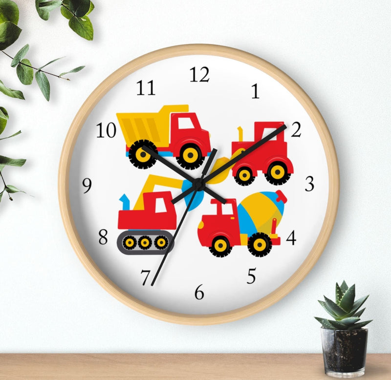 Construction Trucks Wall Clock, Transportation Dump Truck Mixer Digger Kids Boy Bedroom Wall Decor T113