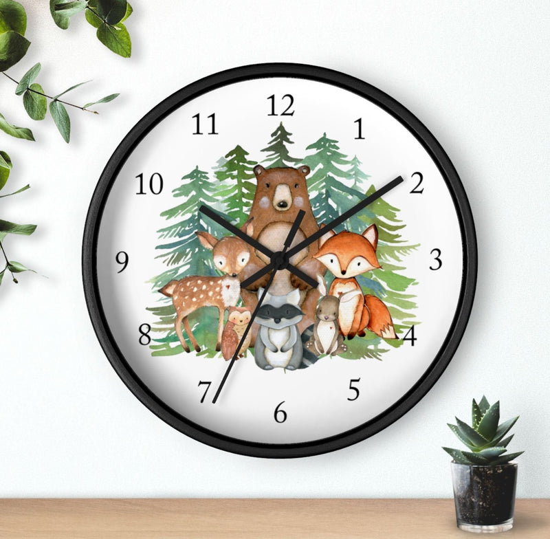 Woodland Animals Wall Clock, Watercolor Evergreens Pine Trees Forest  Bear Dear Fox Owl  Raccoon Nursery Decor Baby  Boy Bedroom Sign 117