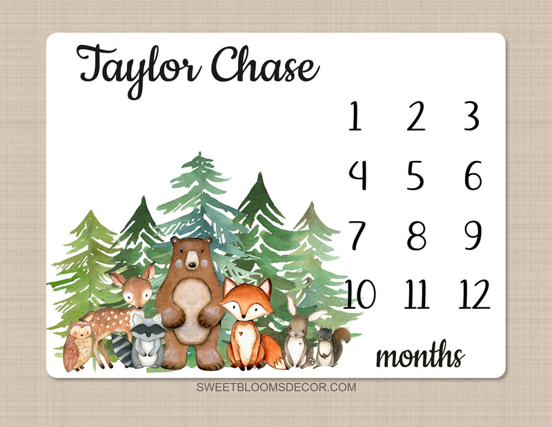 Woodland Animals Milestone Blanket Baby Boy Monthly Growth Tracker Personalized  Evergreens Pine Trees Forest Bear Dear Fox Owl Raccoon 1380