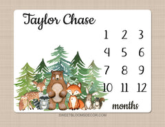 Woodland Animals Milestone Blanket Baby Boy Monthly Growth Tracker Personalized  Evergreens Pine Trees Forest Bear Dear Fox Owl Raccoon 1380