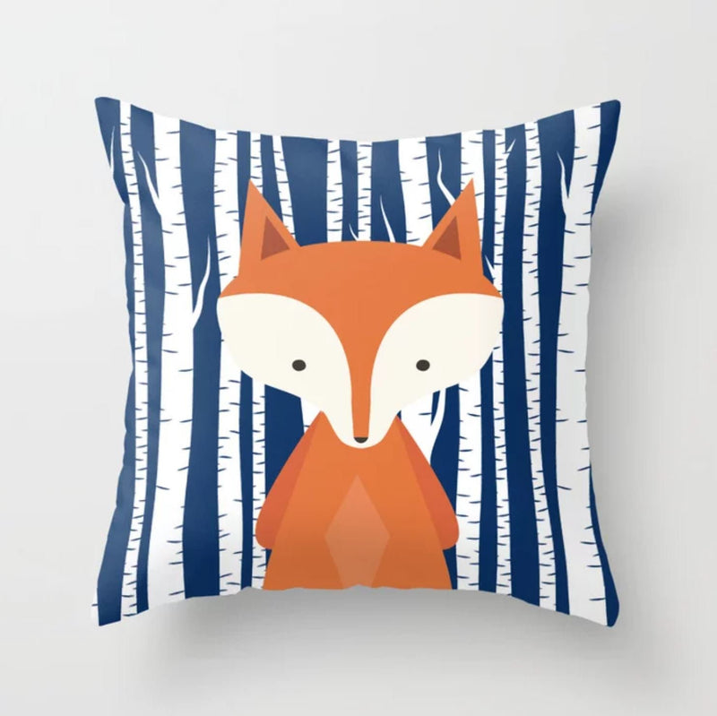 Fox Nursery Throw Pillow Navy Orange Birch Trees Fox Modern Pillow Woodland Bedroom Decor Nursery Decor Baby Shower Gift Crib Bedding 114