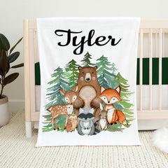 Woodland Animals Baby Boy Name Blanket Evergreens Pine Trees Forest Bear Deer Fox Owl Raccoon Baby Shower Gift Bedding B1381 Sweet Blooms Design Co