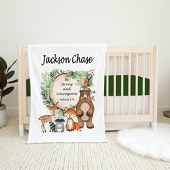 Woodland Animals Baby Boy Name Blanket Personalized Greenery Leaves Trees Log Be Strong and Courageous Baby Shower Gift B1382