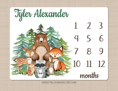 Woodland Milestone Blanket Baby Boy Monthly Growth Tracker Personalized  Evergreens Pine Trees Forest Animals Bear Dear Fox Owl Raccoon 1384