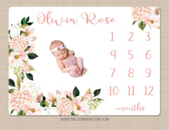 Floral Milestone Blanket, Blush Pink Watercolor Flowers Monthly Milestone Growth Tracker Newborn Baby Girl Name Baby Shower Gift B1431