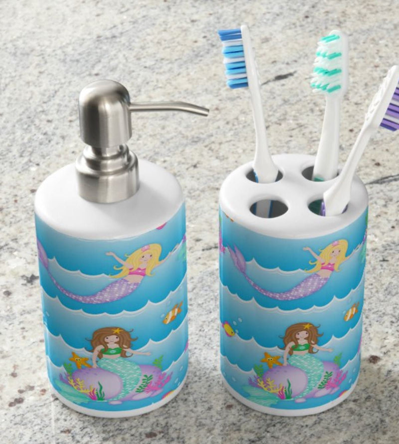 Mermaids Sea Animals Shower Curtain, Ocean Under The Sea Girl Kids Baby  Bath Mat Bathroom Decor Tooth Brush Holder Soap Dispenser Towel