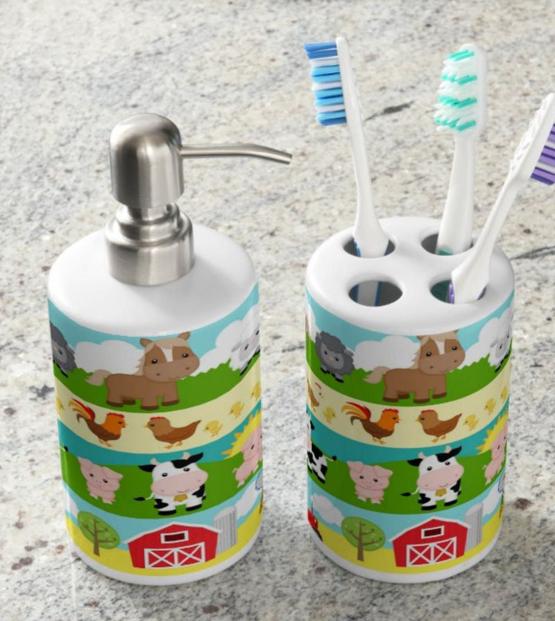 Farm Animals Shower Curtain, Kids Bathroom Decor Tooth Brush Holder Soap Dispenser Towle Bath Mat Cows Barn Horse Sheep Tractor Pig S190