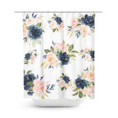 Floral Shower Curtain Blush Pink Coral Navy Blue Watercolor Flowers Beach Bathroom Decor Bath Mat Modern Guest Bathroom Girls Bathroom P118