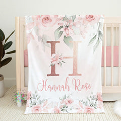 Blush Pink Floral Blanket, Pink Watercolor Flowers Rose Gold Name Blanket, Monogram Baby Girl Personalized Blanket, Baby Shower Gift  B1433