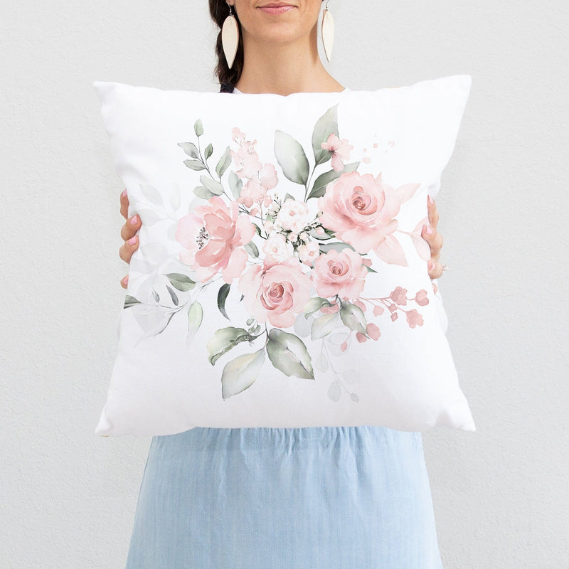 Blush Pink Floral Throw Pillow, Watercolor Blush Pink Flowers Roses Nursery Pillow Bedroom Room Decor Cushion Baby Crib Bedding  P287