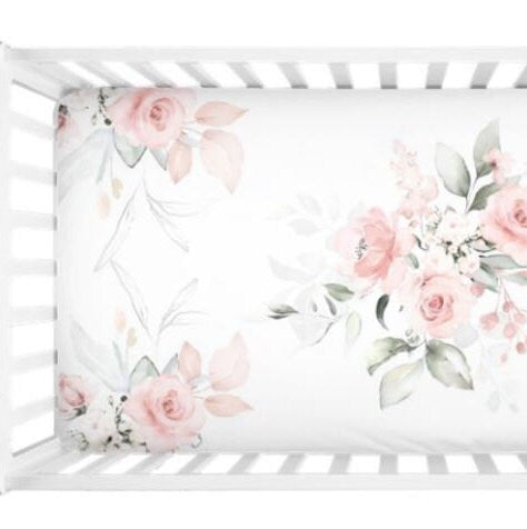 Blush Pink Floral Crib Sheet Watercolor  Blush Pink Flowers Newborn Baby Girl Flowers Shower Gift Nursery  C148