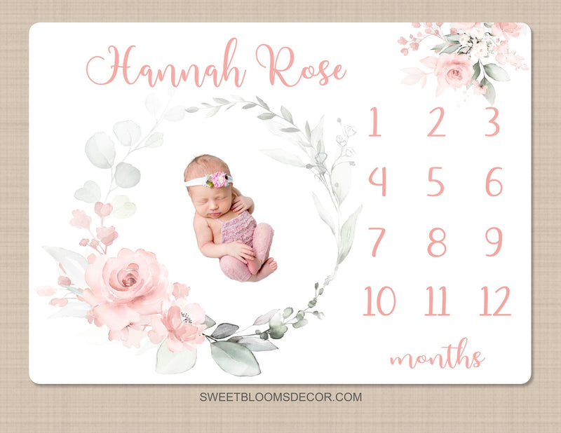 Pink Floral Milestone Blanket, Blush Pink Watercolor Flowers Monthly Milestone Growth Tracker Newborn Baby Girl Name Baby Shower Gift B1434