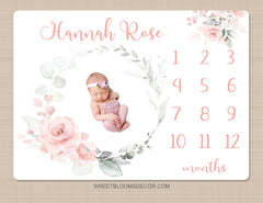 Pink Floral Milestone Blanket, Blush Pink Watercolor Flowers Monthly Milestone Growth Tracker Newborn Baby Girl Name Baby Shower Gift B1434