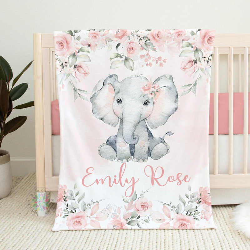 Elephant Baby Girl Blanket, Personalized Blush Pink Floral Roses Name Blanket, Elephant Flowers Baby Shower Gift Floral Crib Bedding B1435