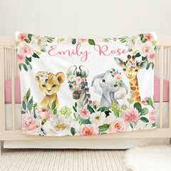 Animals Baby Girl Floral Blanket, Blush Pink Flowers Safari Jungle Name Blanket, Newborn Baby Shower Gift, Pink Floral Crib Bedding B1439