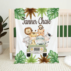 Safari Jungle Animals Baby Name Blanket Truck Tropical Leaves Greenery Name Blanket Newborn Baby Shower Gift Lion Elephant Giraffe B1387