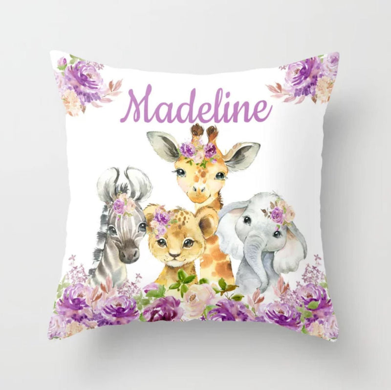 Jungle Safari Animals Nursery Throw Pillow Purple Lilac lavender Flowers Bedroom Decor Baby Shower Gift Lion Elephant Giraffe Zebra P288