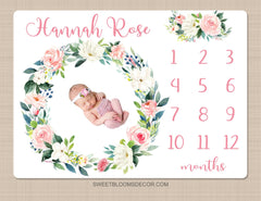 Pink Floral Milestone Blanket, Blush Pink Watercolor Flowers Monthly Milestone Growth Tracker Newborn Baby Girl Name Baby Shower Gift B1446