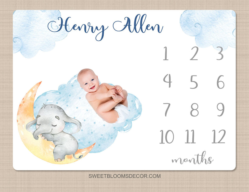 Elephant Boy Milestone Blanket, Blue Gray Personalized Monthly Milestone, Sleeping Elephant Clouds Baby Shower Gift Growth Tracker B1448