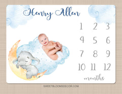 Elephant Boy Milestone Blanket, Blue Gray Personalized Monthly Milestone, Sleeping Elephant Clouds Baby Shower Gift Growth Tracker B1448