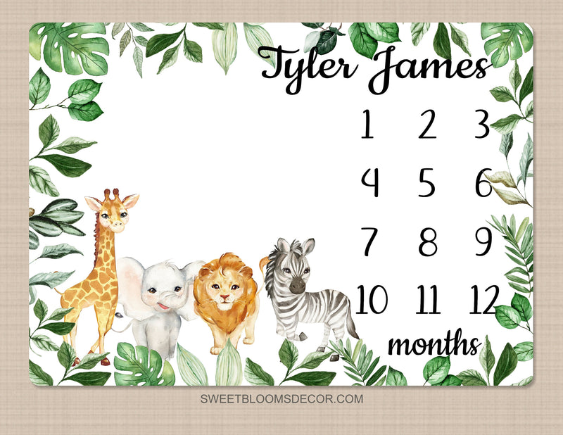 Safari Animals Milestone Blanket  Baby Boy Girl Blanket Jungle Zoo Forest Leaves Monthly Growth Tracker Personalized Newborn Gift B1392