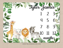 Safari Animals Milestone Blanket  Baby Boy Girl Blanket Jungle Zoo Forest Leaves Monthly Growth Tracker Personalized Newborn Gift B1392