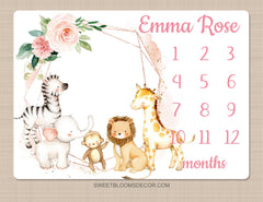 Animals Girl Milestone Blanket, Blush Pink Floral Personalized Monthly Blanket Watercolor Safari Jungle Animals Baby Shower Gift B1401