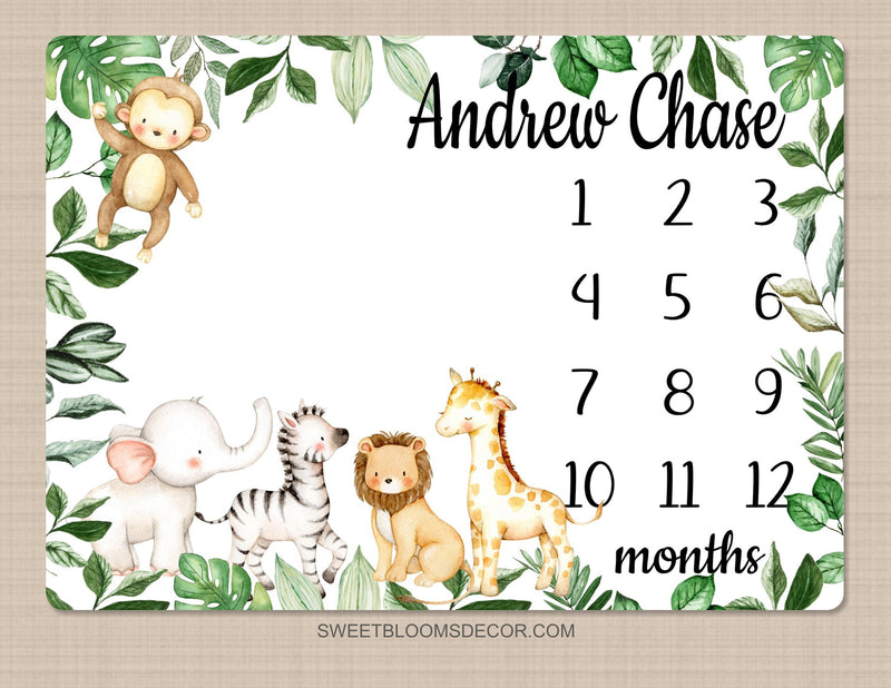 Safari Animals Milestone Blanket, Personalized Monthly Growth Blanket Jungle Boy Tropical Greenery Leaves Newborn Baby Shower Gift B1397