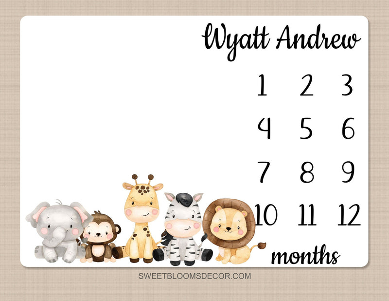 Animals Milestone Blanket, Personalized Boy Girl Monthly Growth Tracker Blanket Jungle Newborn Baby Shower Gift B1395