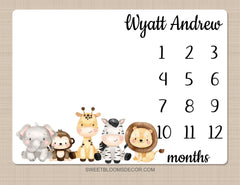 Animals Milestone Blanket, Personalized Boy Girl Monthly Growth Tracker Blanket Jungle Newborn Baby Shower Gift B1395