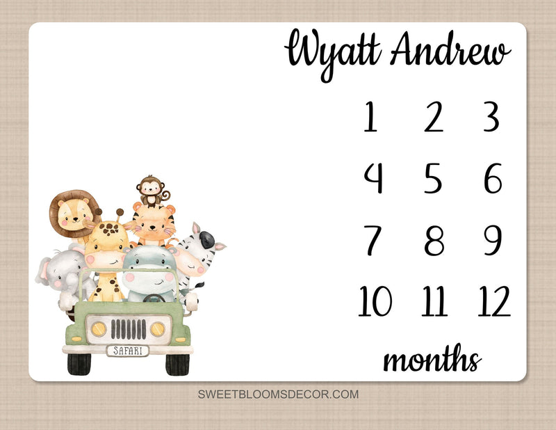 Safari Animals Truck Milestone Blanket, Personalized Boy Girl Monthly Growth Tracker Blanket Jungle Newborn Baby Shower Gift B1394