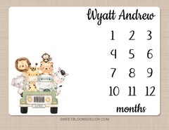 Safari Animals Truck Milestone Blanket, Personalized Boy Girl Monthly Growth Tracker Blanket Jungle Newborn Baby Shower Gift B1394