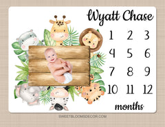 Safari Animals Milestone Blanket, Personalized Monthly Growth Blanket Jungle Boy Tropical Greenery Leaves Log Newborn Baby Shower Gift B1393