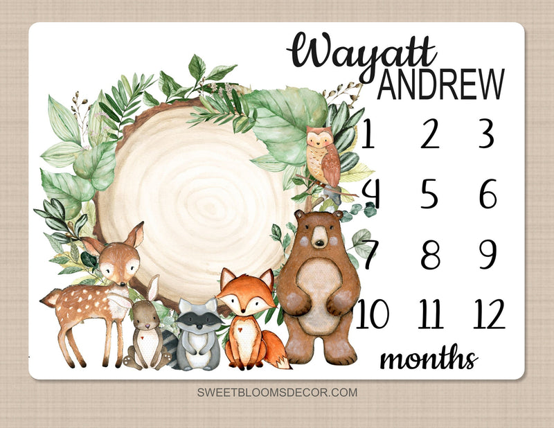 Woodland Milestone Blanket Personalized Rustic Forest Animals Greenery Log Bear Fox Deer Raccoon Growth Tracker Baby Shower Gift B1403