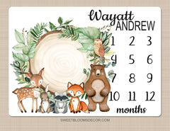 Woodland Milestone Blanket Personalized Rustic Forest Animals Greenery Log Bear Fox Deer Raccoon Growth Tracker Baby Shower Gift B1403